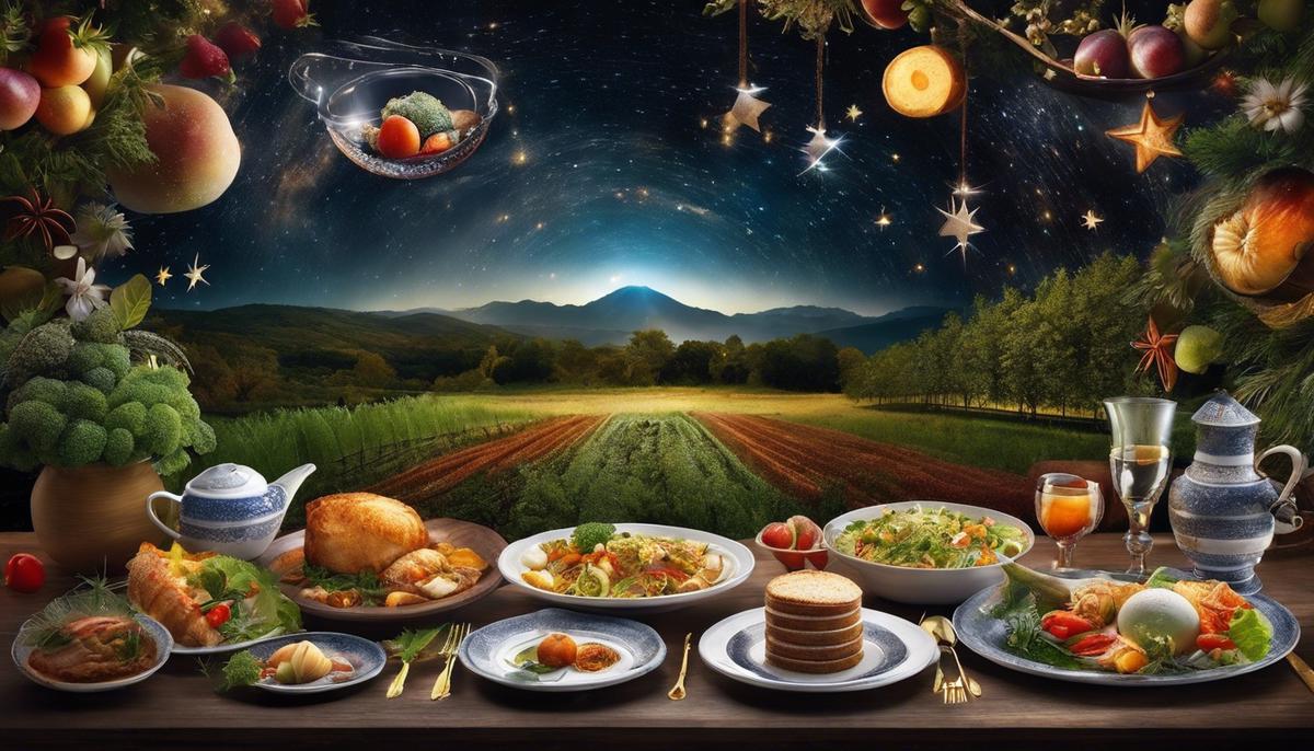 Image depicting various dishes surrounded by stars, representing the dream-like nature of food in dreams.