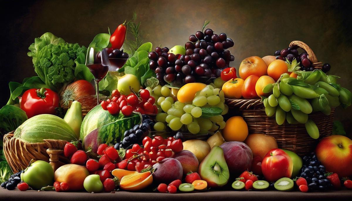 An image displaying a variety of fruits, vegetables, and other food items, representing the symbolism of food in dreams.