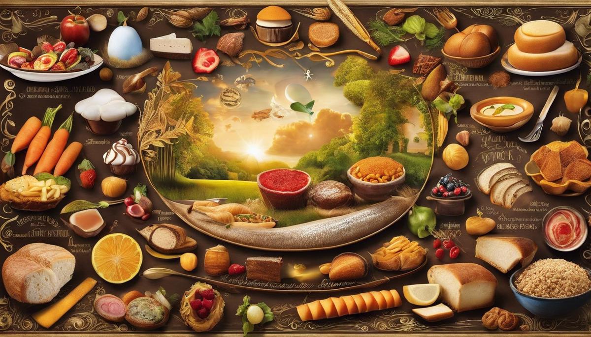 Image depicting various food symbols in dreams, representing the diverse interpretations and meanings associated with food symbolism in dreams.