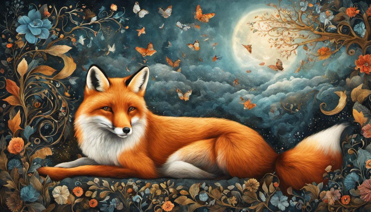 Image depicting a fox with symbols surrounding it, representing the complexities and diverse interpretations of fox symbolism in dreams.