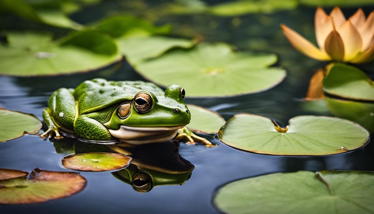 Image depicting a frog sitting on a lily pad in a calm pond, symbolizing the harmonious relationship between nature and the human psyche