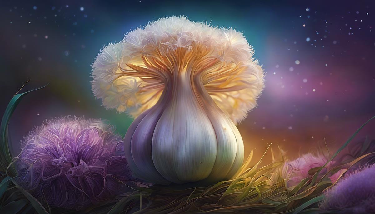 Illustration of a garlic bulb with dreamy colors, representing the symbolism of garlic in dreams and its impact on the real world.