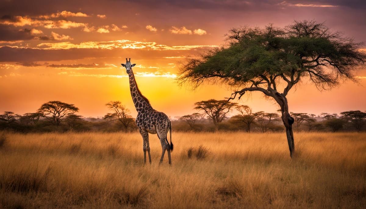 A majestic giraffe standing tall against a vibrant savannah landscape.