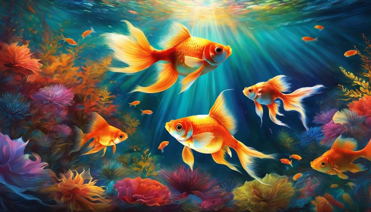 A serene goldfish swimming through a colorful dreamscape, representing the exploration of emotions in dreams.