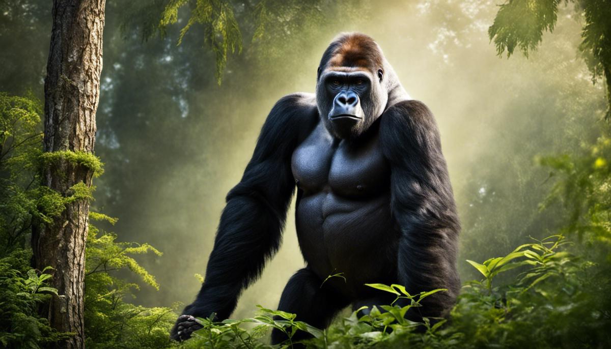 An image of a gorilla standing tall in the forest, reflecting the powerful yet gentle nature of gorillas and their potential symbolism in dreams.