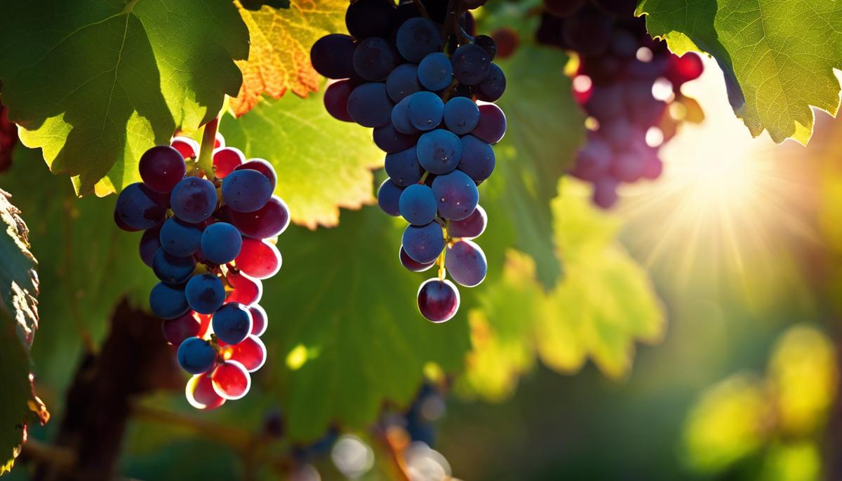 Image description: A close-up photograph of a bunch of grapes on a vine, shining in the sunlight.
