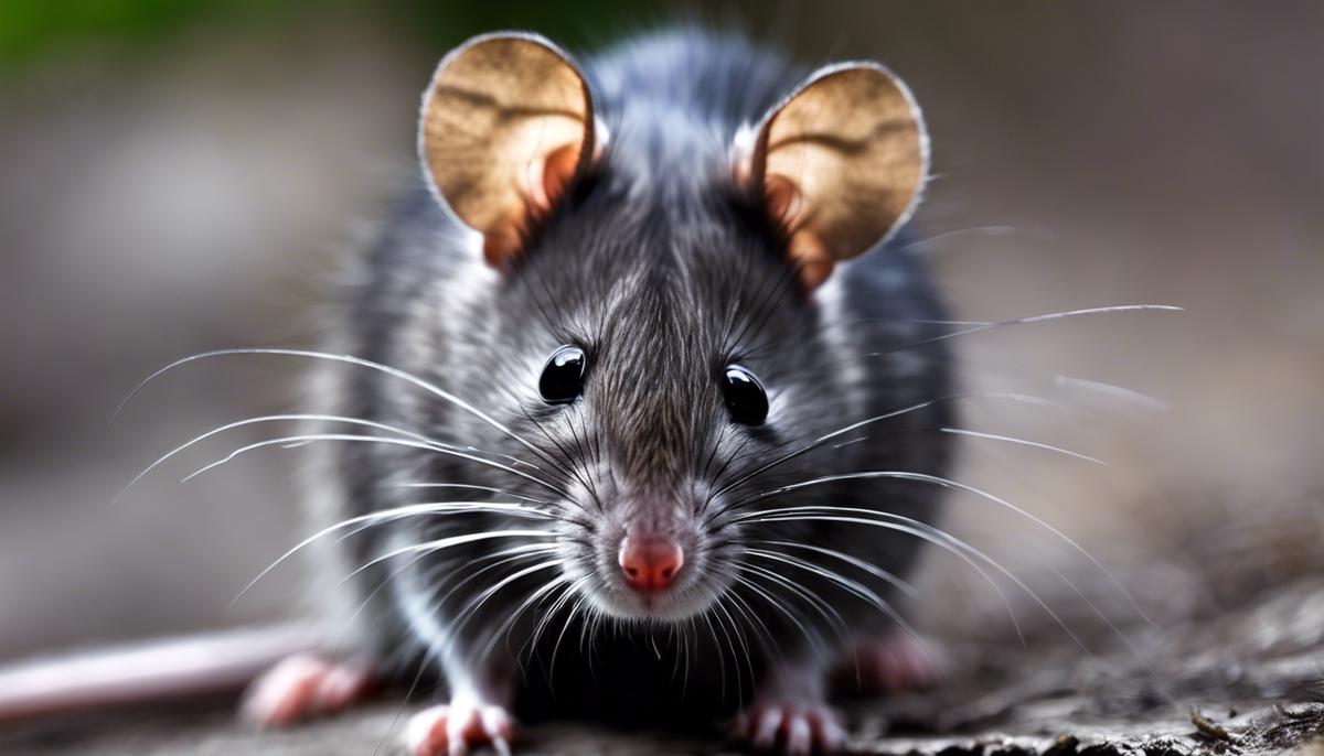 Image description: close-up of a gray rat with bright eyes