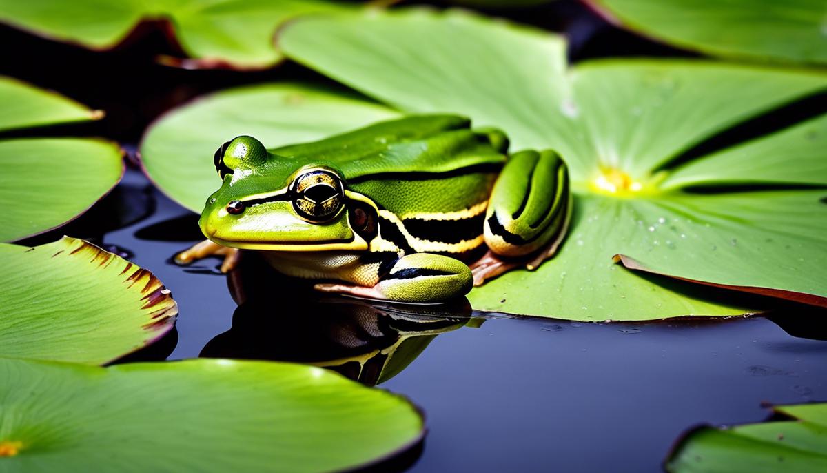 A close-up image of a green frog sitting on a lily pad in a peaceful lily pond