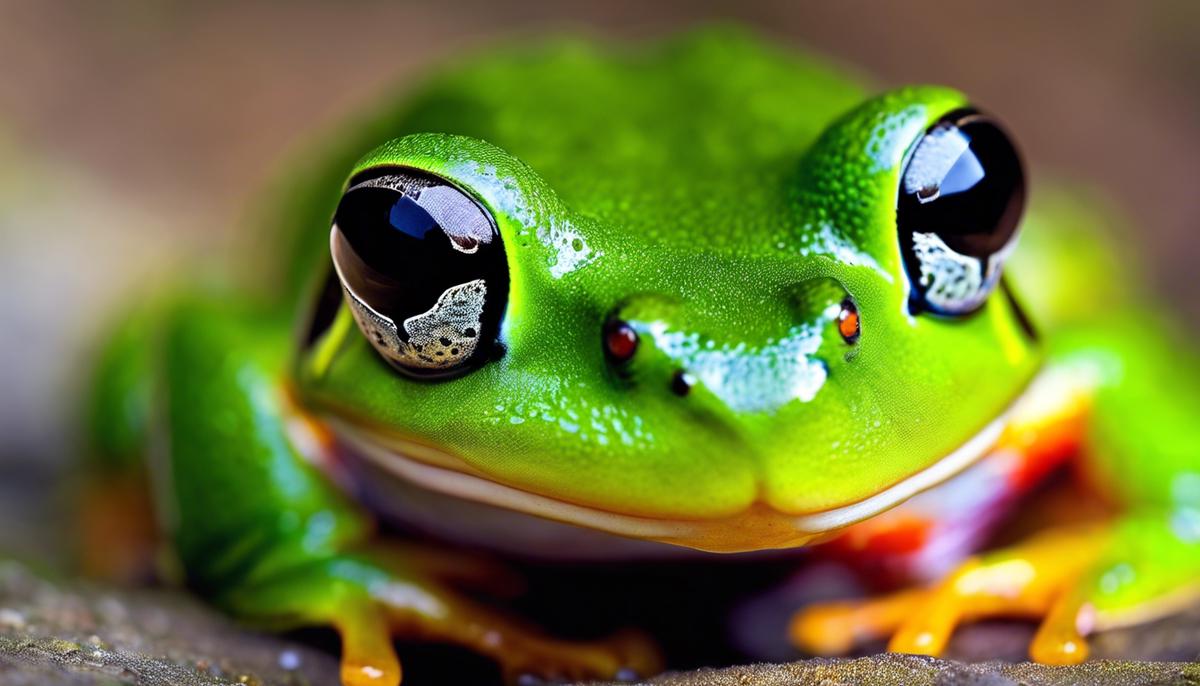 A close-up image of a green frog with bright, vibrant colors and expressive eyes, highlighting its beauty and mystery.