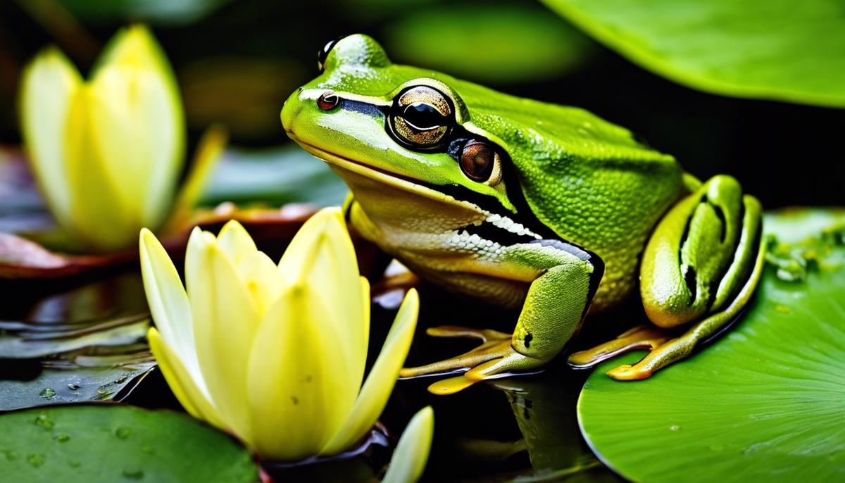 A close-up image of a green frog sitting on a lily pad in a pond, representing the symbol of the green frog in dreams.