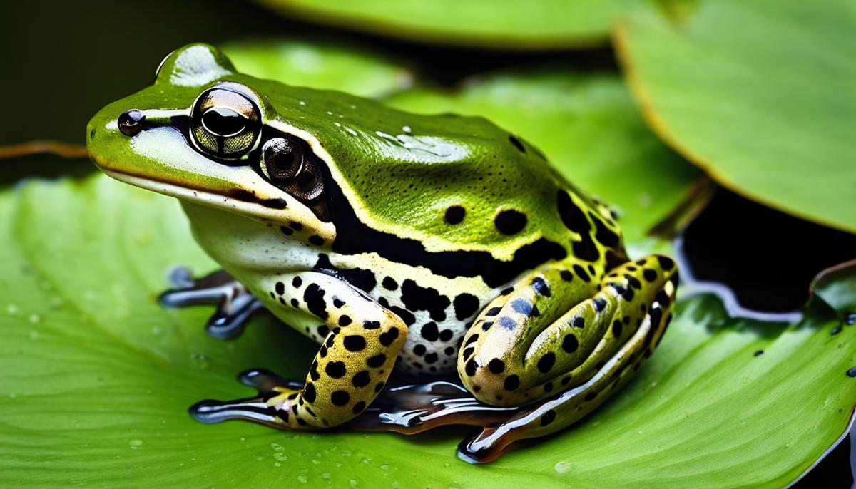A close-up image of a green frog with dark spots on its skin, sitting on a lily pad in a pond