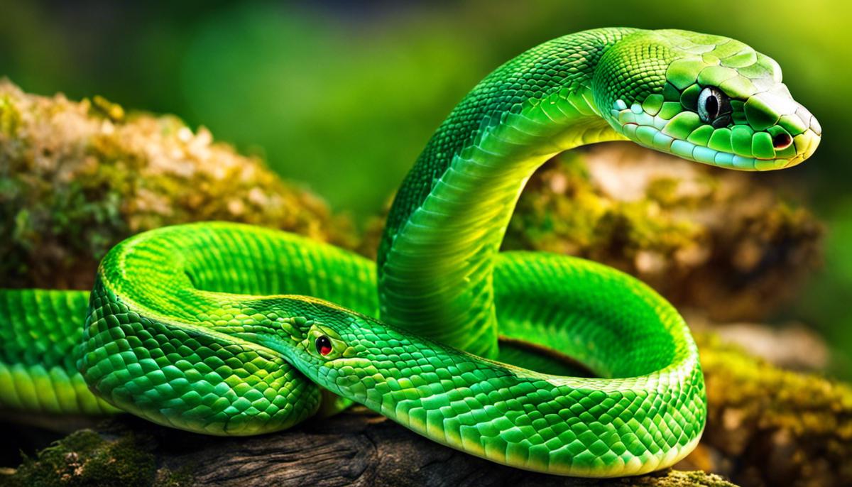 An image illustrating a green snake in a vivid dream-like setting.