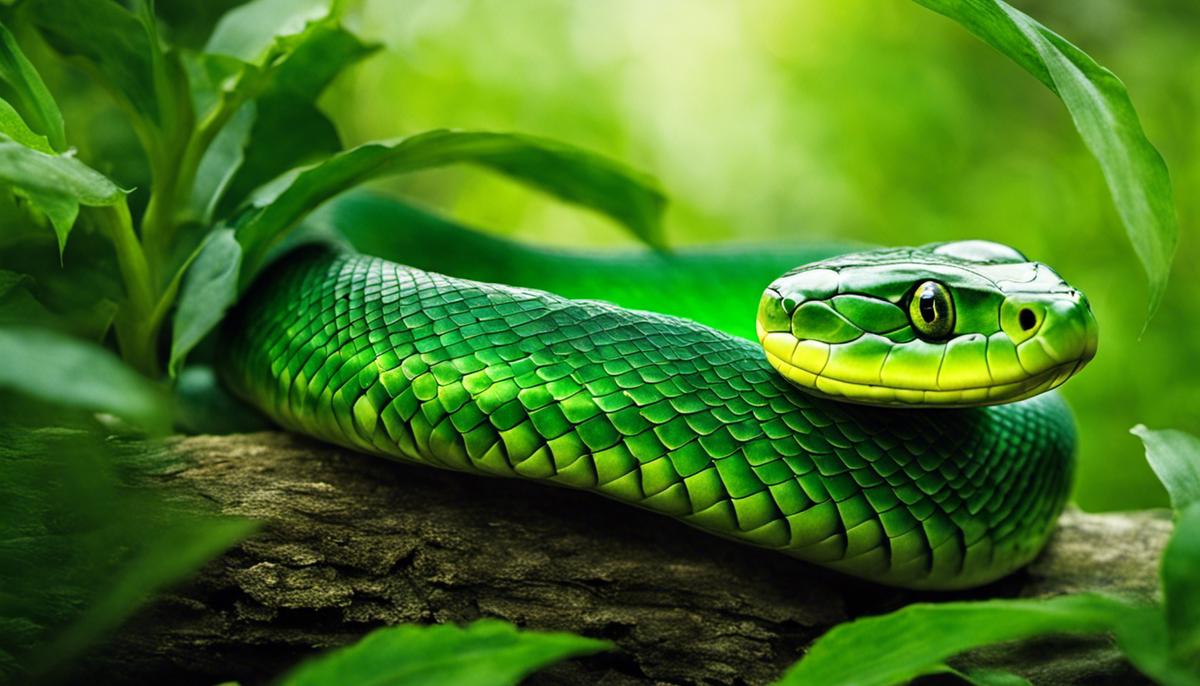 An image of a green snake in a dream, representing the nuanced interpretations of biblical symbolism in real-world scenarios.