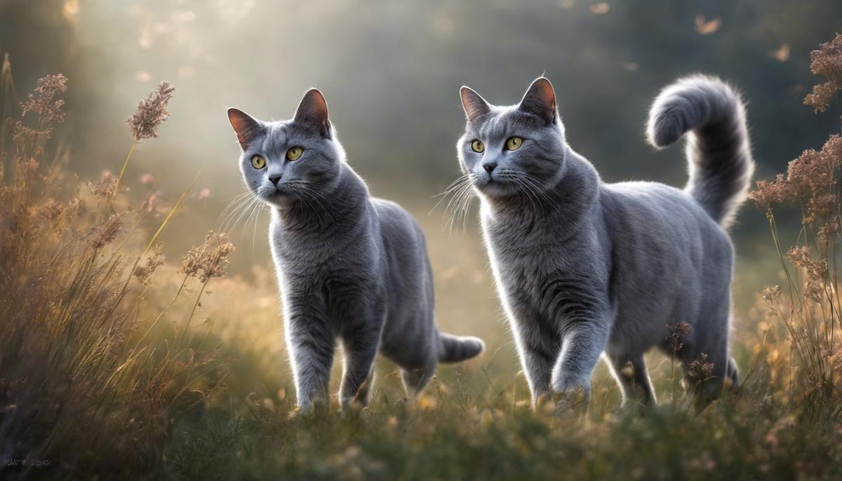 A mystical image of grey cats walking through a dreamy landscape.