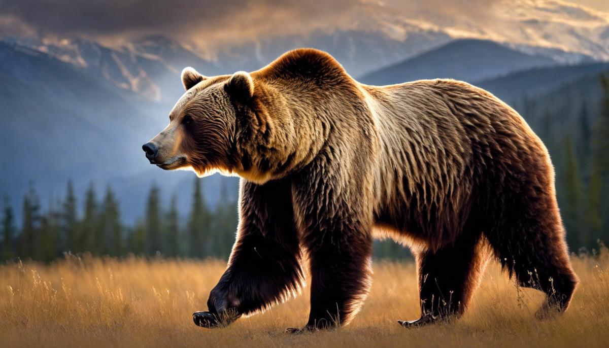 An image depicting a grizzly bear in the wild, standing tall and majestic, symbolizing strength and power in dreamscape symbolism.