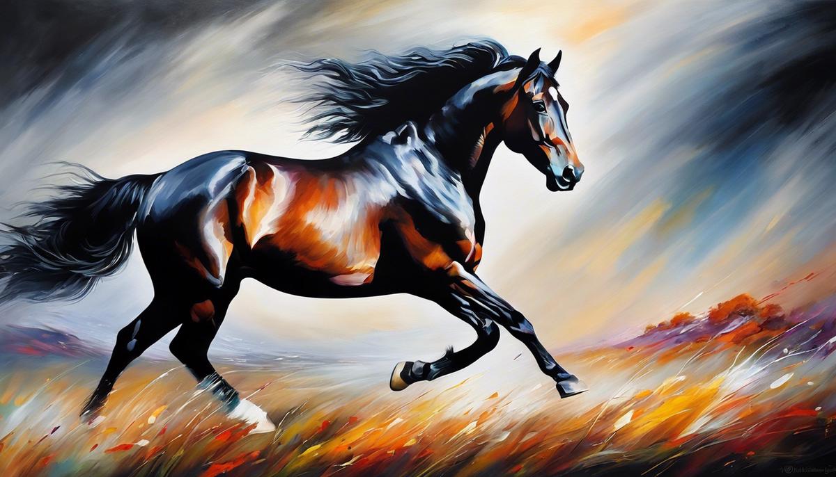 Image description: An abstract painting of a horse running through a dreamlike landscape.