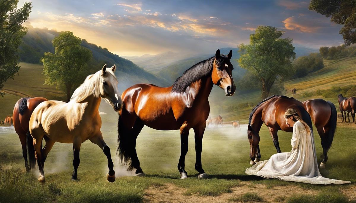 An image depicting horses in various biblical scenes, illustrating their symbolic significance and thematic associations.