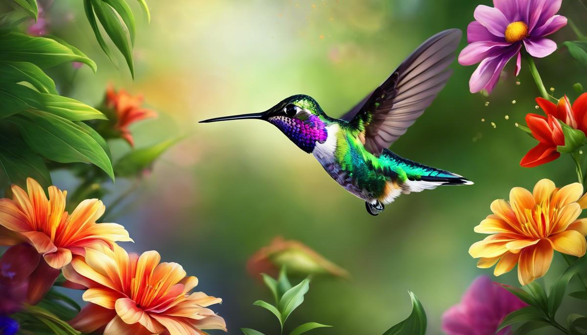 A beautiful image of a hummingbird flying gracefully, surrounded by colorful flowers and green leaves, representing the symbolic and enchanting nature of hummingbirds in dreams.