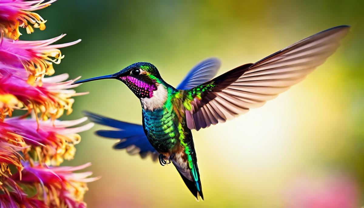 A close-up image of a hummingbird in flight with vibrant feathers shining in the sunlight, representing the potential for profound insights and personal growth in dream symbolism.