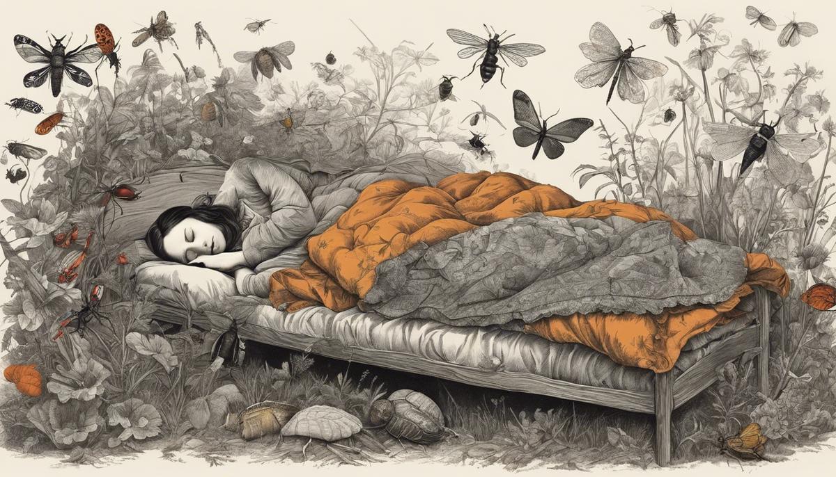 Illustration of insect dreams showing various insects and a person sleeping, representing the topic of the text and its exploration
