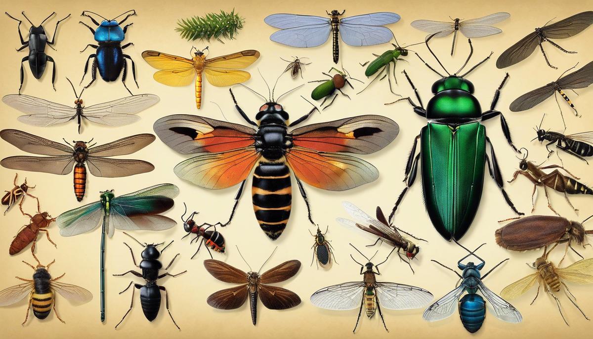 A variety of insect types including ants, bees, spiders, cockroaches, mayflies, and dragonflies.
