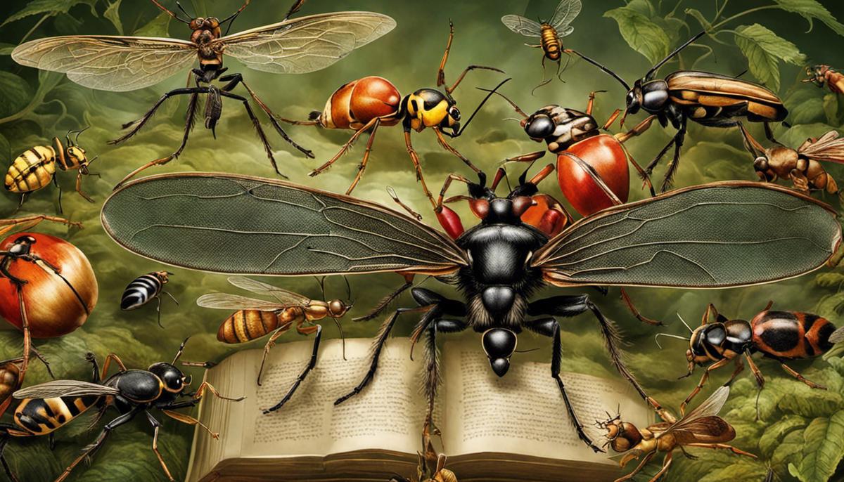 A close-up image of various insects like ants, spiders, beetles, and flies, symbolizing the multitude of interpretations related to insects in biblical dreams.