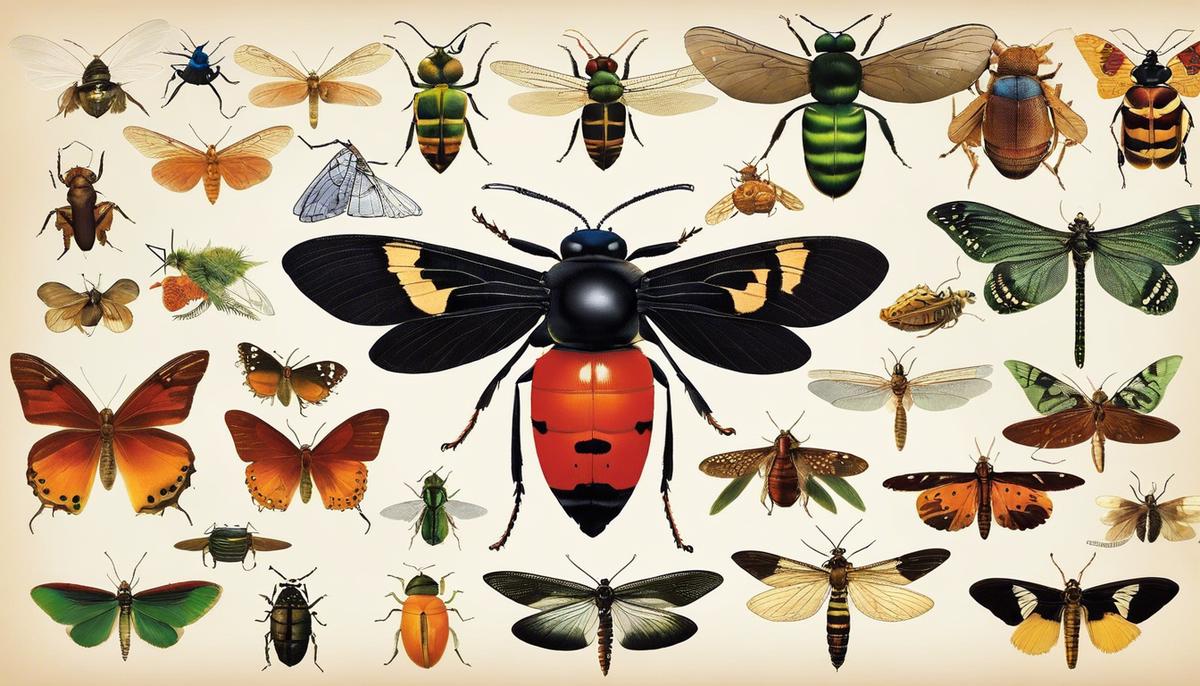 An image depicting the various insects mentioned in the text, showcasing their diversity and significance in different cultures and interpretations.