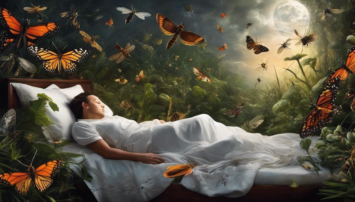 An image showing a person sleeping and surrounded by various insects in their dream.