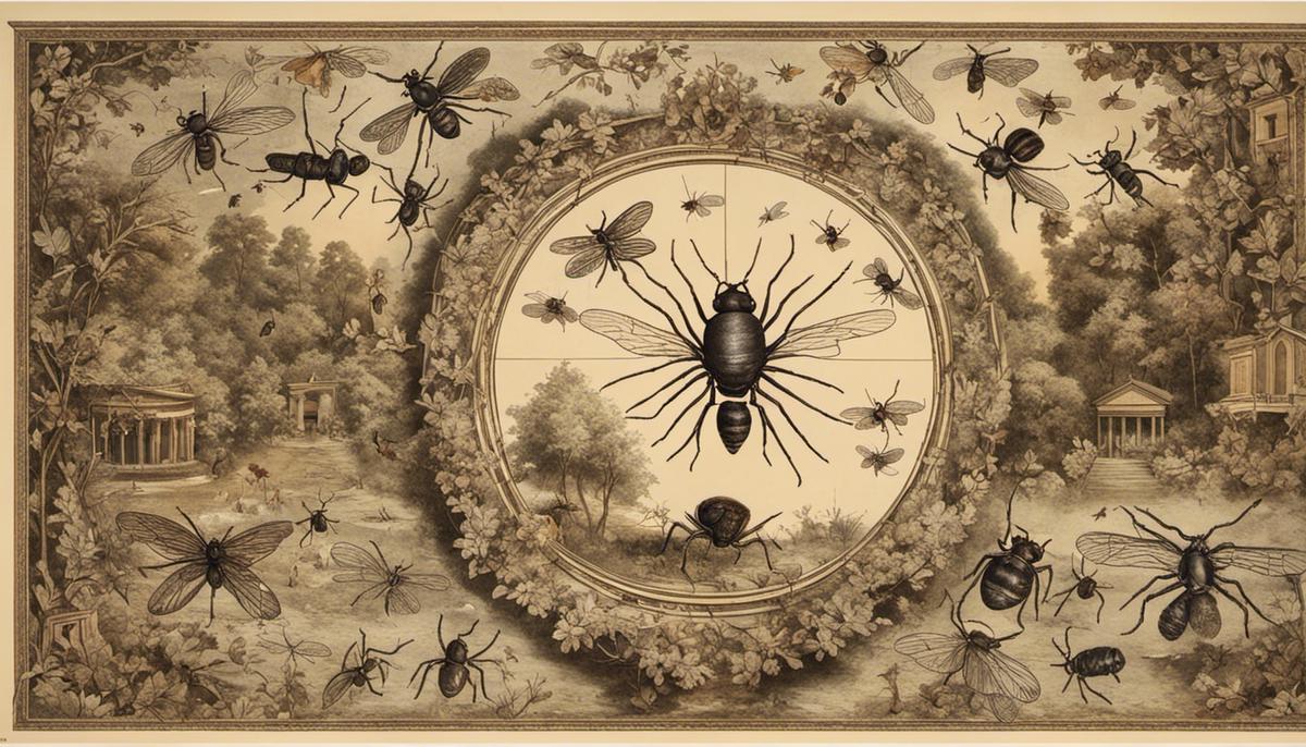 A visual representation of various insectual symbols in a biblical context, depicting ants, spiders, beetles, and flies symbolically representing diligence, frailty, diversity, and corruption respectively.
