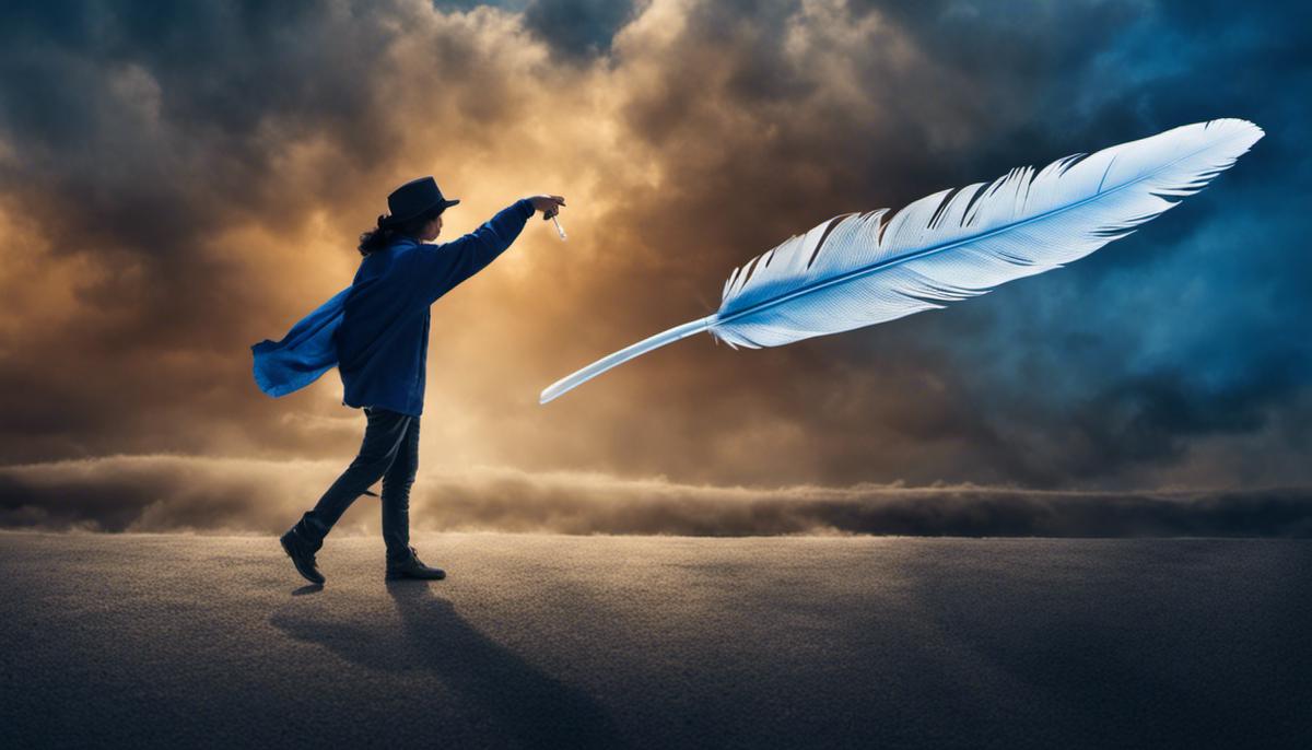 Image of a person holding a blue feather, representing the spiritual significance of the color blue in dreams