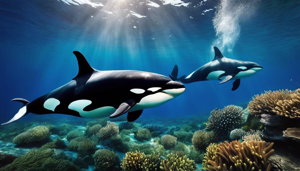 Image of killer whales swimming majestically in the ocean