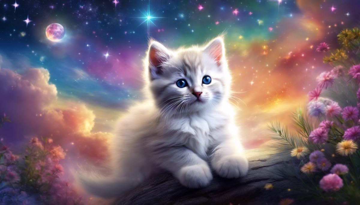 A beautiful image of a dreamy kitten surrounded by colorful clouds and stars, representing the magical nature of dreams.