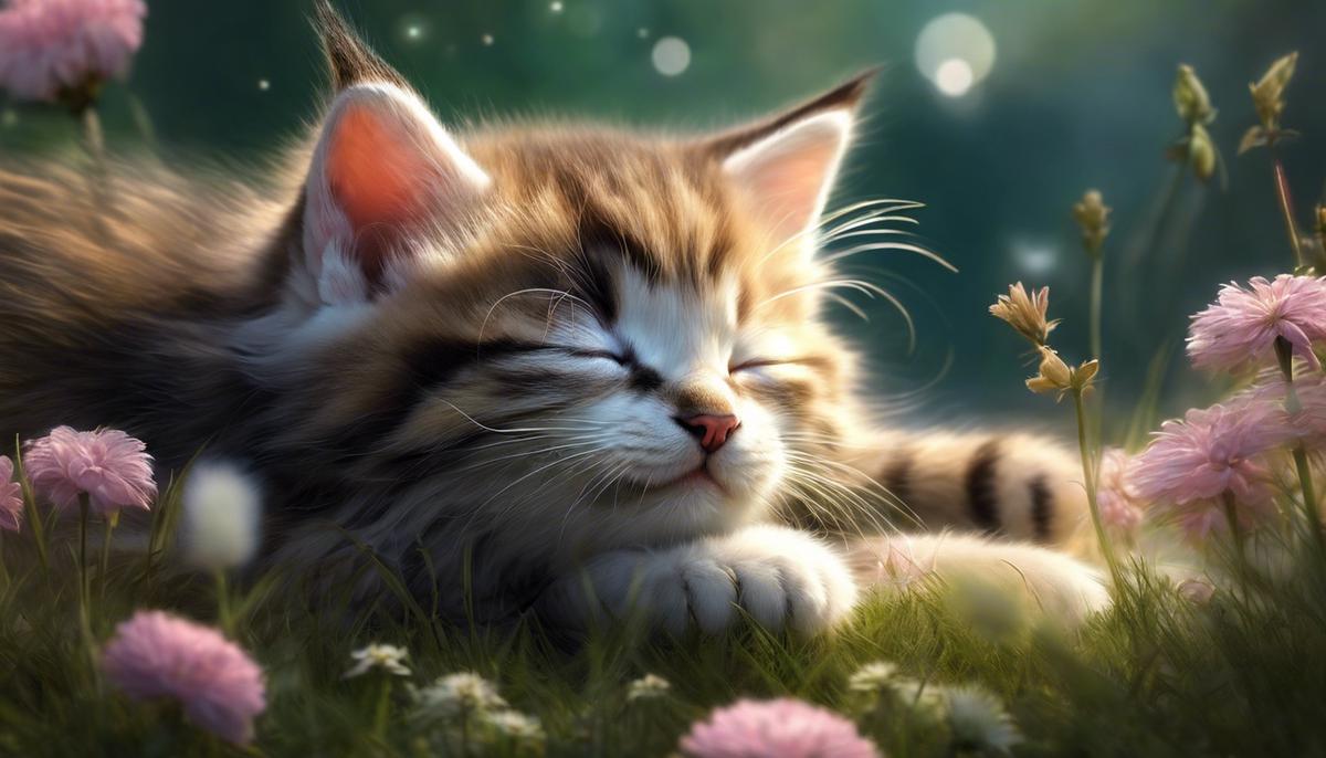 Image of a sleeping kitten with its paws twitching in a whimsical dream-like landscape.