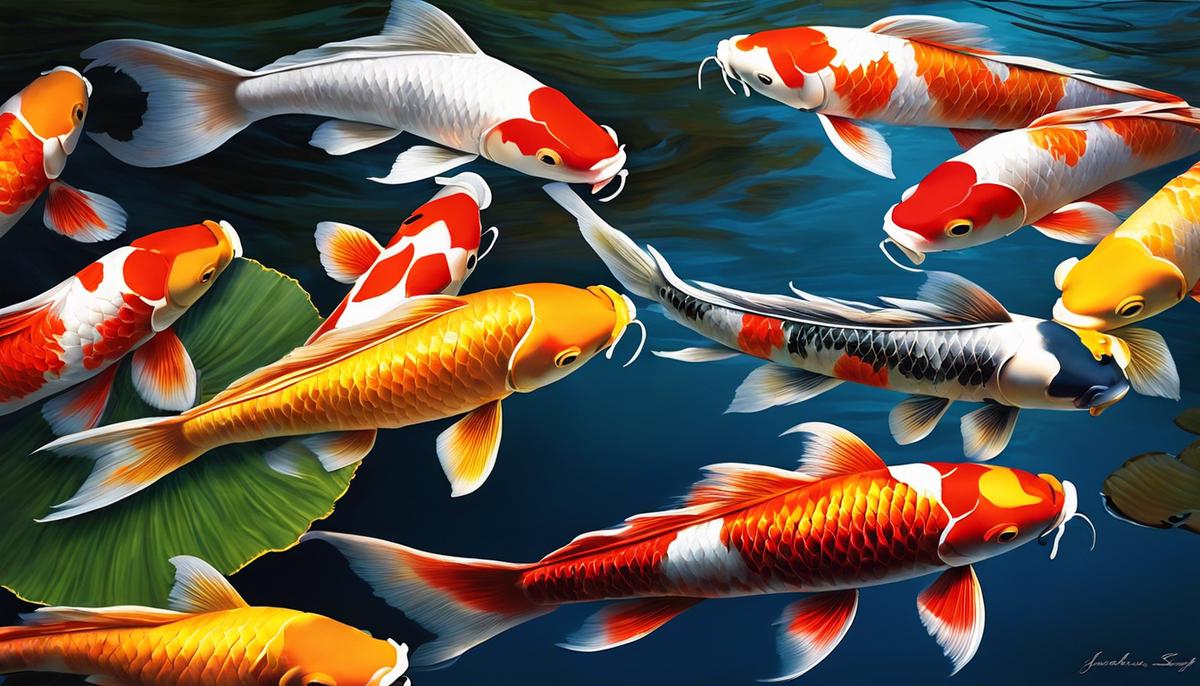An image of koi fish swimming gracefully in a tranquil pond, reflecting their vibrant colors and expressing the mysterious nature of dreams.