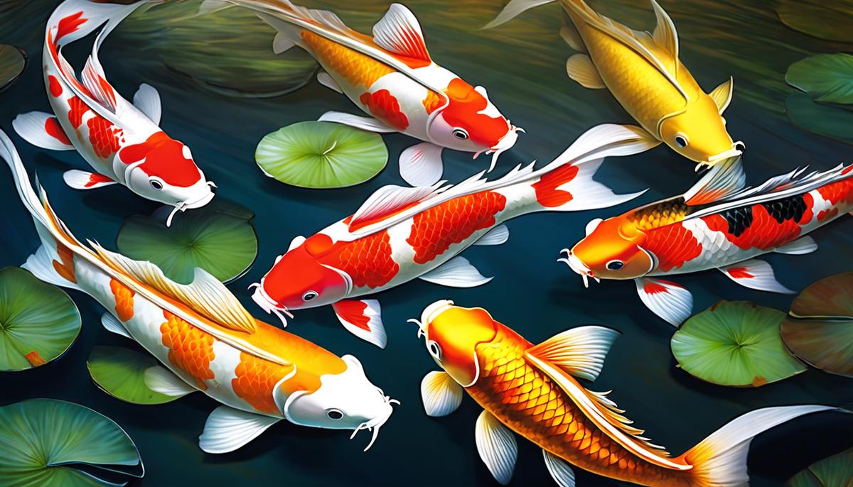 A serene image of colorful koi fish swimming gracefully in a pond.