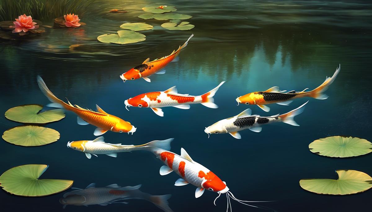 An image of a serene koi fish swimming in a dream-like pond, reflecting the moonlight.