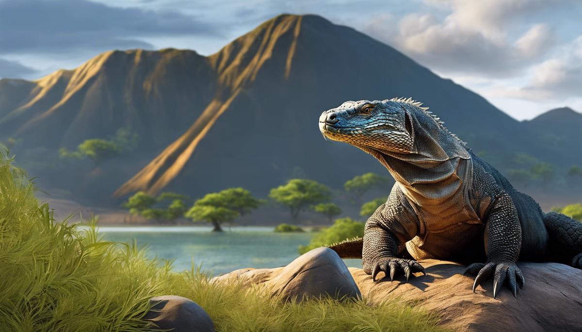 A majestic Komodo dragon, standing as a symbol of strength and growth in the realm of dreams.