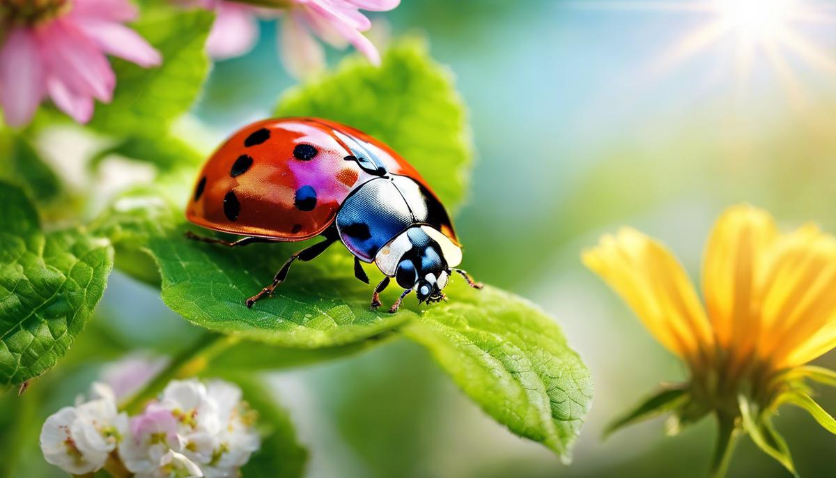 Image description: A colorful ladybug flying through a sunny garden with blooming flowers and green leaves.
