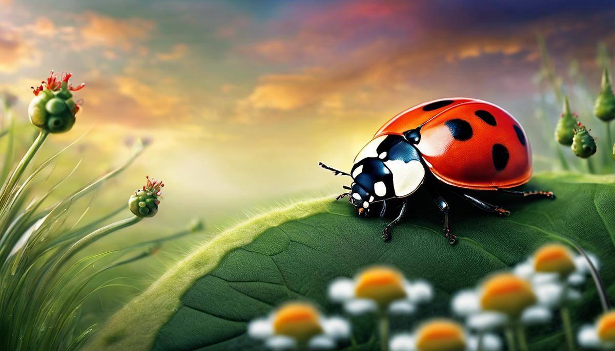 Image of a ladybug in a dream-like landscape, symbolizing the whimsical world of ladybugs in dreams