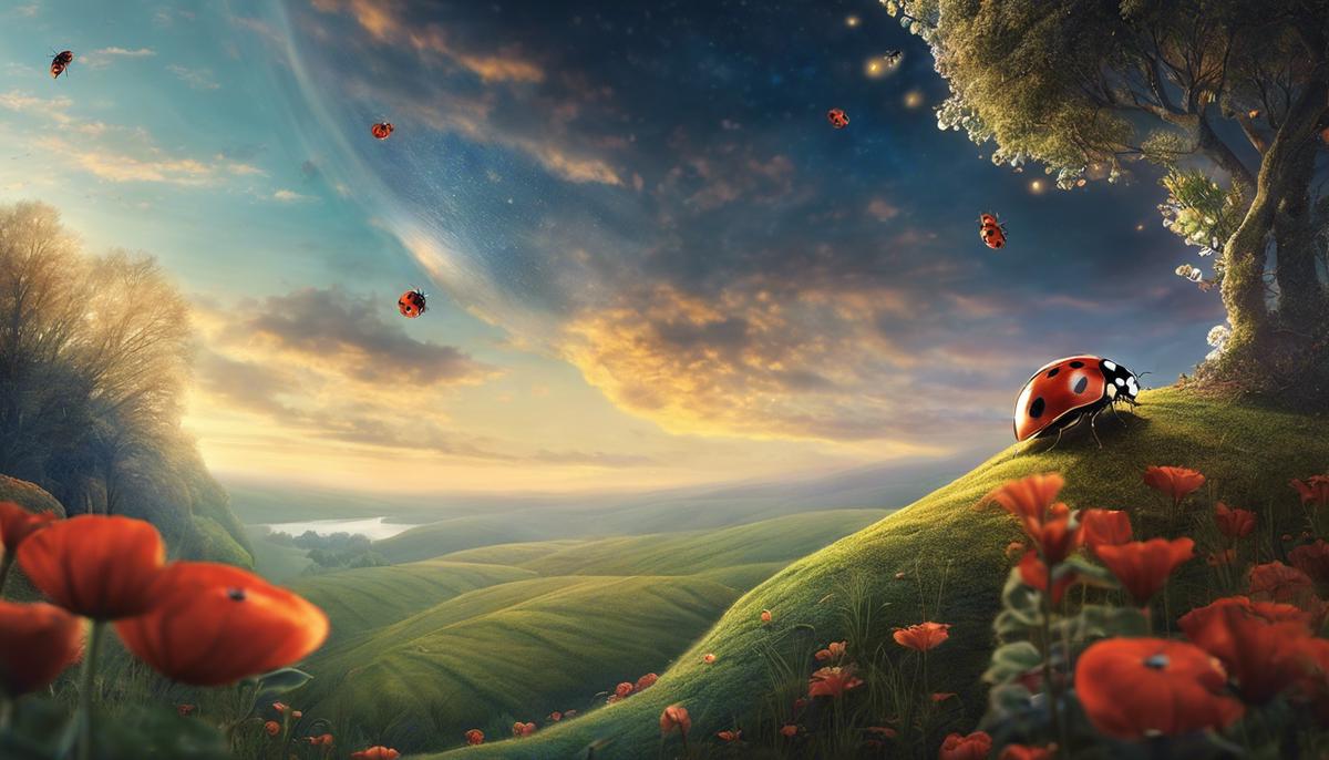 Illustration of a ladybug flying in a dreamscape