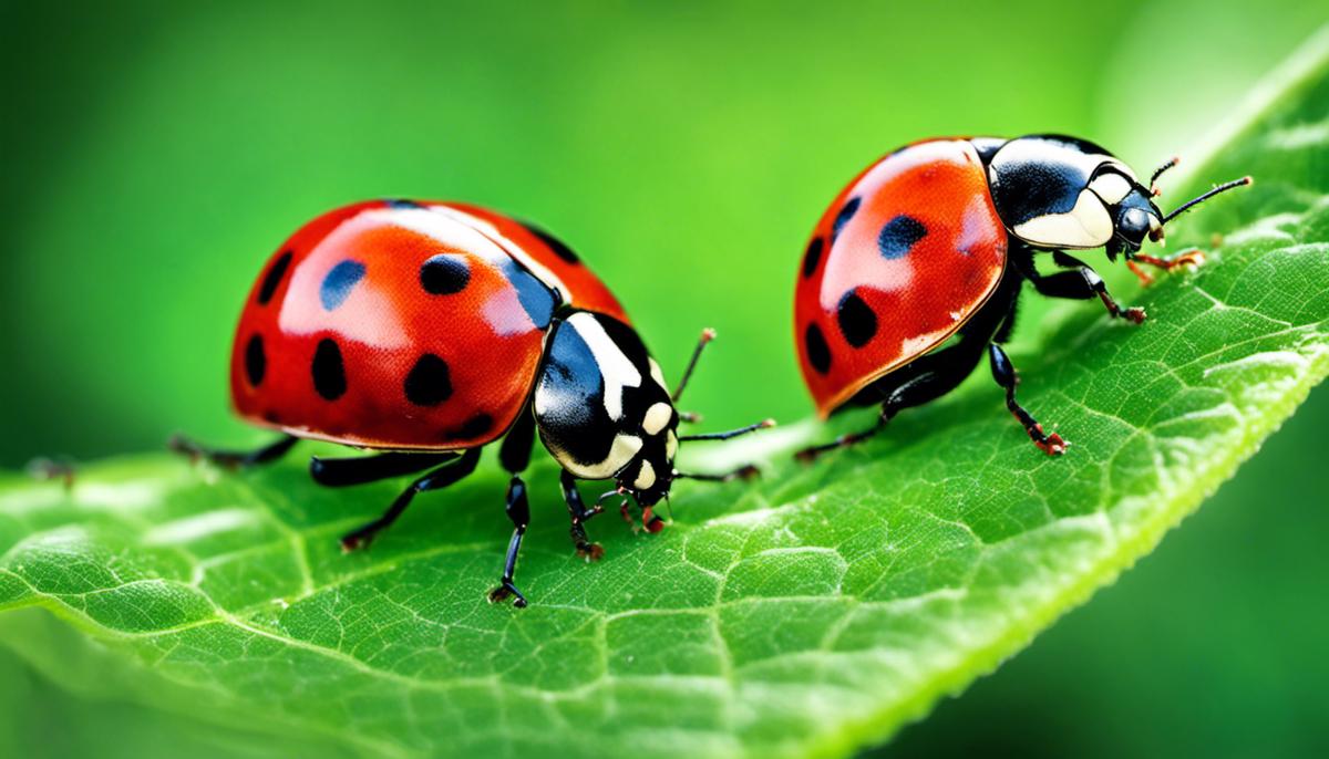 An image of ladybugs crawling on a green leaf in a garden.