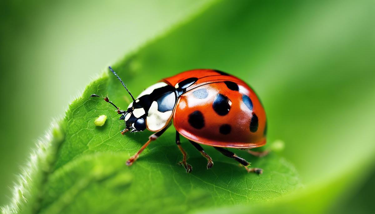 A close-up image of a ladybug crawling on a green leaf.