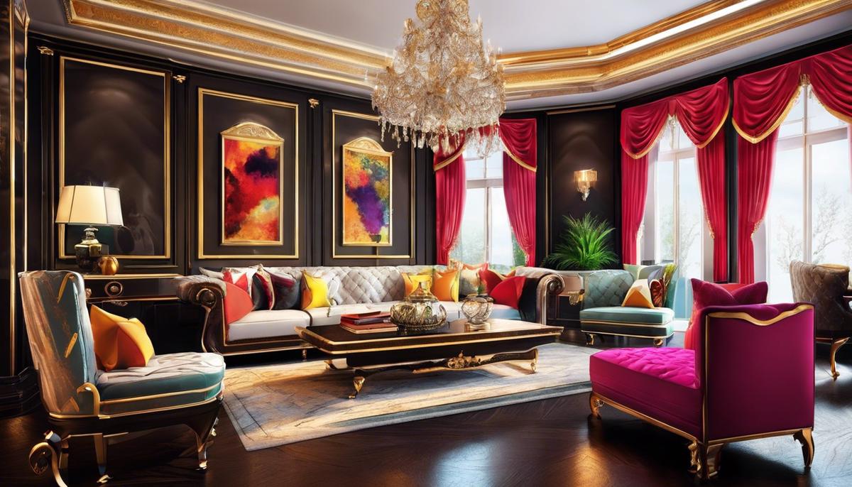 Image description: Illustration of a luxurious interior with elegant furniture, vibrant colors, and beautiful accessories
