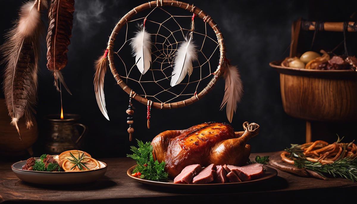 An image of a dreamcatcher hanging next to a plate of assorted meat, symbolizing the connection between dreams and different types of meat.