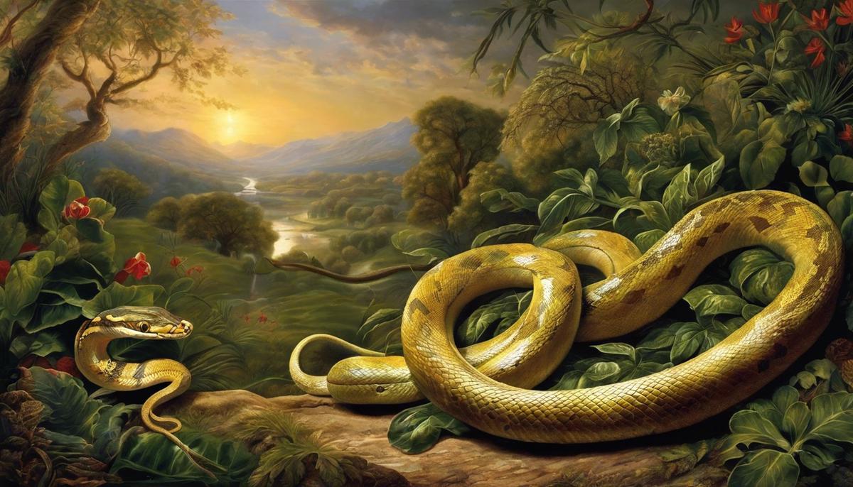 An image depicting the symbolic meaning of snakes in the Bible, showing a snake shedding its skin and a representation of a biblical scene where a snake tempts Eve in the Garden of Eden.