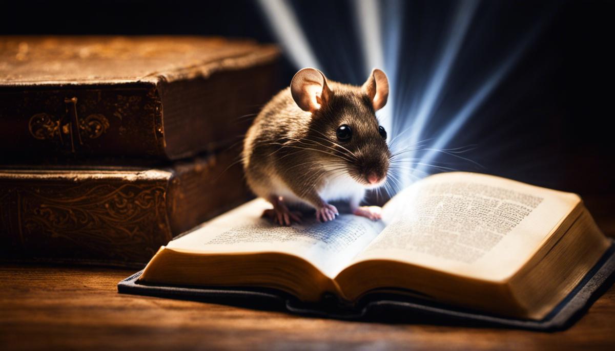 An image of a mouse sitting on a bible with rays of light surrounding it, symbolizing the significance of mice in biblical symbolism.