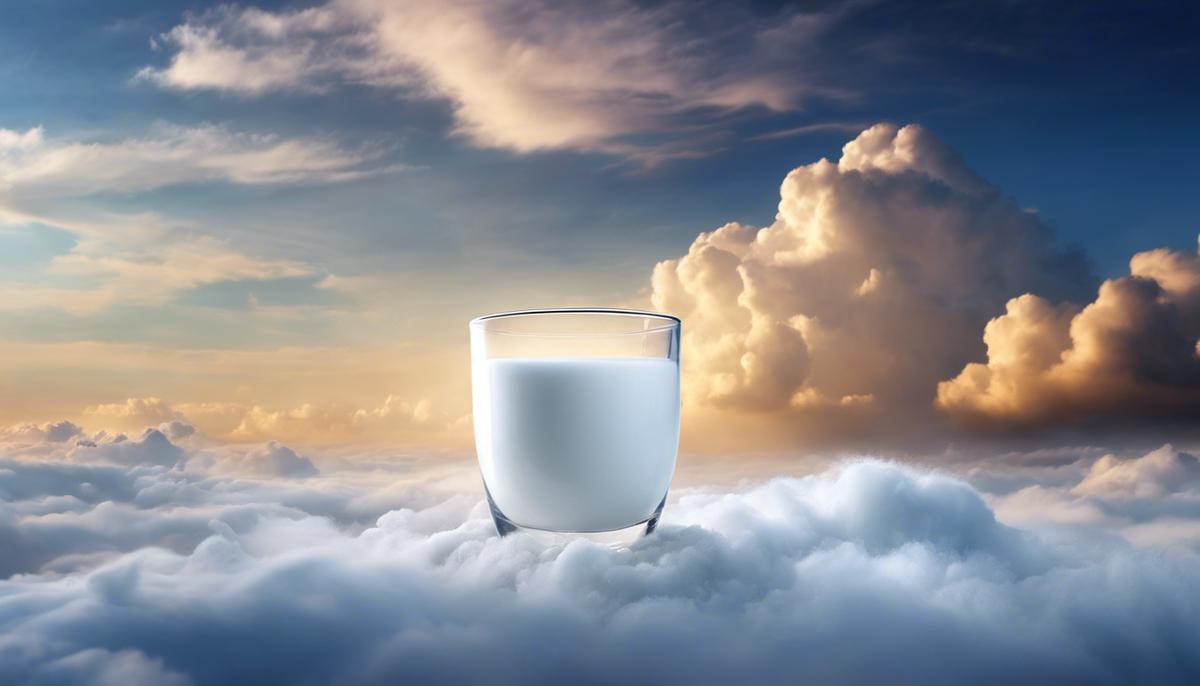 Image description: A glass of milk surrounded by dreamy clouds, representing the concept of milk dreams.