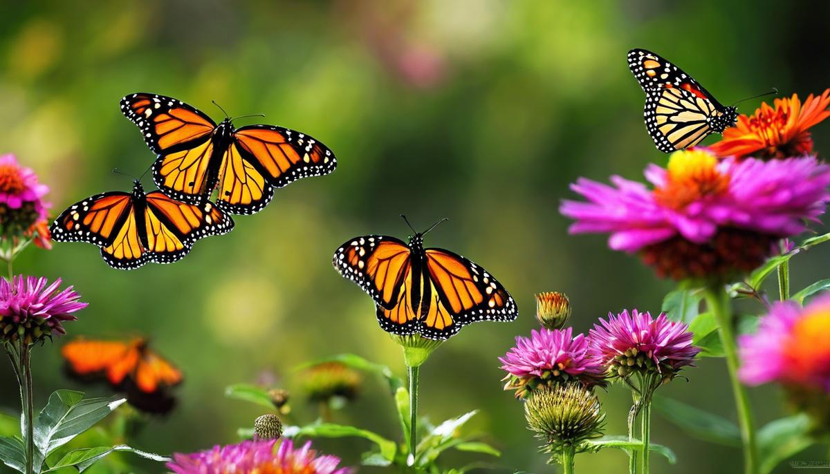 Image description: A colorful picture of monarch butterflies flying in a beautiful garden.