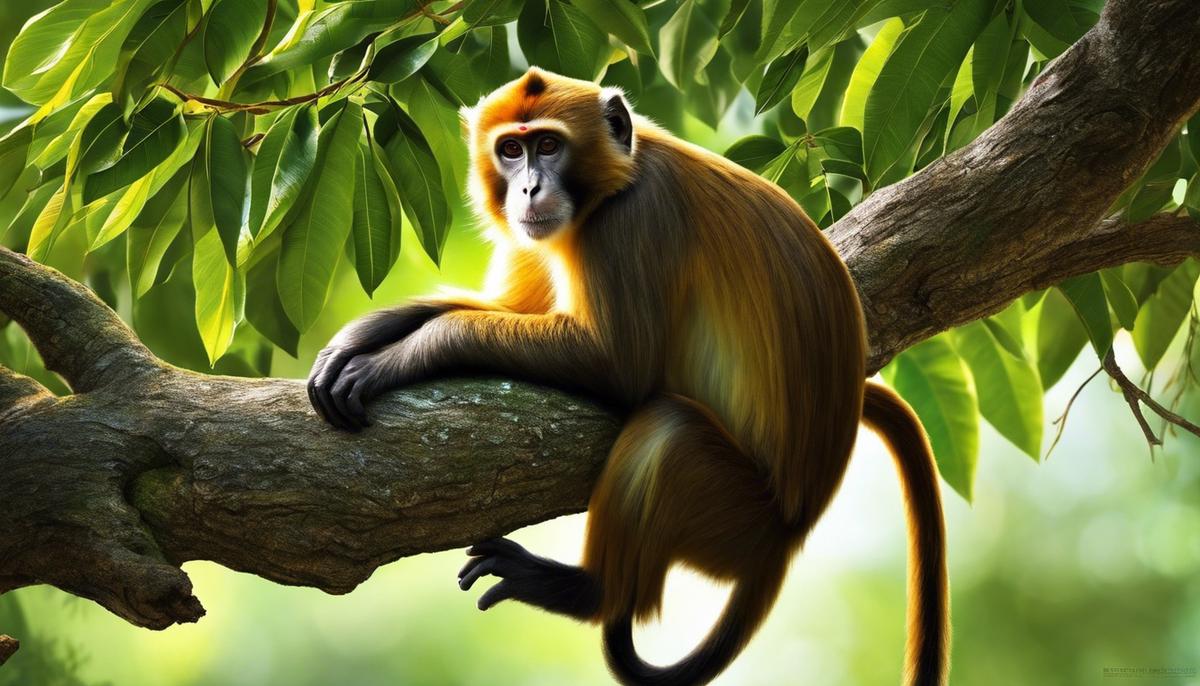 An image showing a monkey perched on a tree branch, symbolic of its association with wisdom and knowledge in biblical literature.