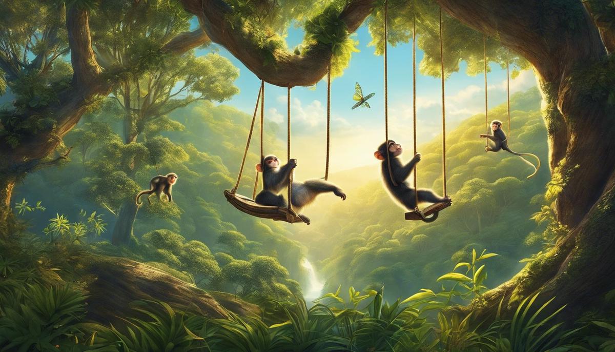 Illustration of monkeys swinging through trees in dreams, symbolizing the exploration of the subconscious mind